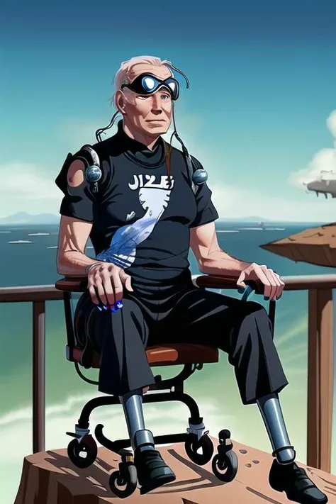 paint splatters, biden wearing cybernetic_goggles and sitting on a wheelchair on the top of a cliff, <lora:Joe Biden:1.3>
