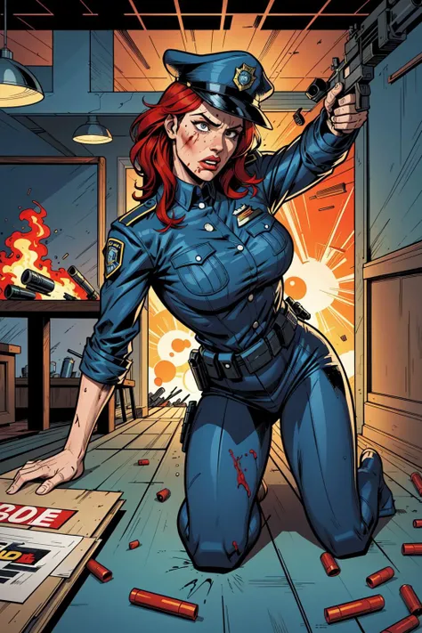 comic book style, flat colors, An amazing illustration depicting a policewoman taking cover behind a table,((overturned table)),kneeling behind a table,(hiding behind a table:1.25), wearing blue police uniform,police hat, firing a gun, covering fire,in a hotel lobby,scared, wounded, bleeding, red hair, bullets, dynamic