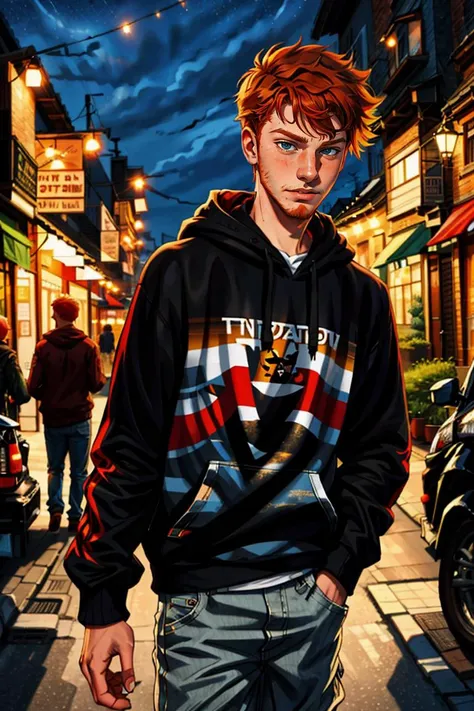 Wholesome Candid photo of a timid 18yo redneck slim dg_Finn boy, short dark red hair, (ginger facial stubble) photorealistic, hyperdetailed, <lora:dg_Finn_v1:0.8>, solo, streets, scared face, outdoors, nighttime, wearing a hoodie, pants, shirt, sharp focus,