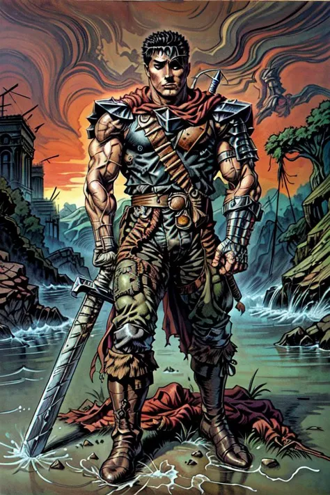concept sheet, flat color, colored line art, full body, [(1boy:1.1) guts \(berserk\)], holding an big_ sword:1.3  with on hand, wearing one ((eyepatch:1)), decapitation, background of a  ruined fantasy landscape,  <lora:Guts_05:1> , ultra-detailed,   <lora:add_detail:1.5>, absurdres, best quality, dark, flat colors, 2D, action pose,