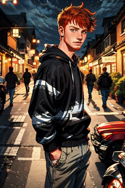 Wholesome Candid photo of a timid 18yo redneck dg_Finn boy, (ginger facial stubble:1.1), short dark red hair, photorealistic, hyperdetailed, <lora:dg_Finn_v1:0.8>, solo, streets, scared face, outdoors, nighttime, wearing a hoodie, pants, shirt, sharp focus, flashphoto, <lora:flashphoto:1>