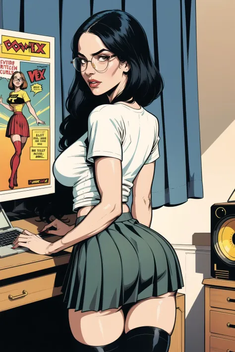 An amazing vintage illustration of a provocative slender woman with innocent face using a complex 70s computer, tight (tshirt:1.2), (pleated skirt:1.2), glasses, looking over shoulder, from behind, thigh-highs, comic book style, detailed cloth folds, flat colors, (detailed face:1)