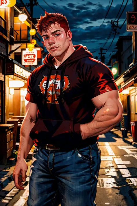Wholesome Candid photo of a 20yo redneck bully dg_Dale boy, short dark red hair, photorealistic, hyperdetailed, <lora:dg_Dale_v1:0.8>, solo, streets, shaved face, outdoors, nighttime, wearing a hoodie, pants, shirt, sharp focus,