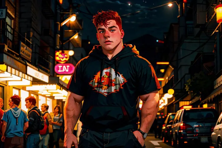 Wholesome Candid photo of a 20yo redneck bully dg_Dale boy, short dark red hair, photorealistic, hyperdetailed, <lora:dg_Dale_v1:0.8>, solo, streets, scared face, outdoors, nighttime, wearing a hoodie, pants, shirt, sharp focus, flashphoto, <lora:flashphoto:1>