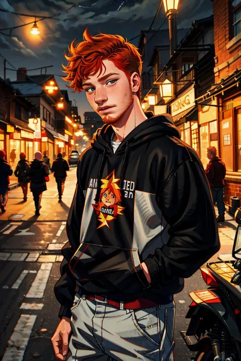 Wholesome Candid photo of a timid 18yo redneck dg_Finn boy, (ginger facial stubble:1.1),  short dark red hair, photorealistic, hyperdetailed, <lora:dg_Finn_v1:0.8>, solo, streets, scared face, outdoors, nighttime, wearing a hoodie, pants, shirt, sharp focus, flashphoto, <lora:flashphoto:1>