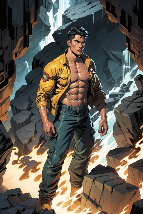comic book style, flat colors, An amazing illustration cowboy shot depicting a fearless male firefighter in full firefighting gear, standing confidently in a dark and treacherous cave, legs apart, arms to the sides, wearing a sturdy yellow firefighter suit and large jacket and firefighter cargo pants, rugged rock formations, shirtless, open jacket, detailed cloth folds, sweaty, wet hair, fire, heat, retroreflective stripes, athletic body, abs