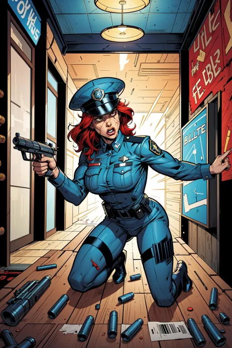 comic book style, flat colors, An amazing illustration depicting a policewoman taking cover behind a table,((overturned table)),kneeling behind a table, wearing blue police uniform,police hat, firing a gun, covering fire,in a hotel lobby,scared, wounded, bleeding, red hair, bullets, dynamic