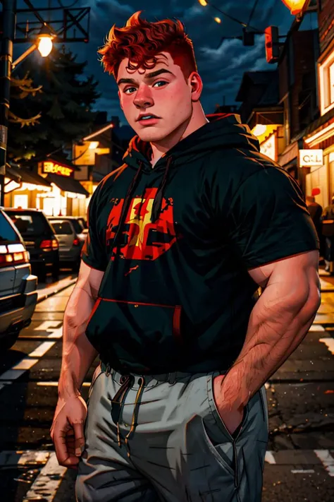 Wholesome Candid photo of a 20yo redneck bully dg_Dale boy, short dark red hair, photorealistic, hyperdetailed, <lora:dg_Dale_v1:0.8>, solo, streets, scared face, outdoors, nighttime, wearing a hoodie, pants, shirt, sharp focus, flashphoto, <lora:flashphoto:1>