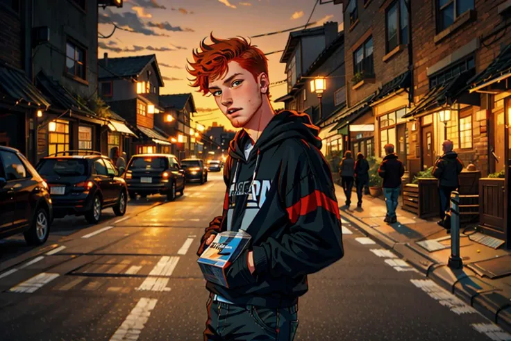 Wholesome Candid photo of a timid 18yo redneck slim dg_Finn boy, short dark red hair, (ginger facial stubble) photorealistic, hyperdetailed, <lora:dg_Finn_v1:0.8>, solo, streets, scared face, outdoors, nighttime, wearing a hoodie, pants, shirt, sharp focus, flashphoto, <lora:flashphoto:1>