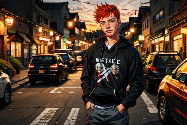 Wholesome Candid photo of a timid 18yo redneck slim dg_Finn boy, short dark red hair, (ginger facial stubble) photorealistic, hyperdetailed, <lora:dg_Finn_v1:0.8>, solo, streets, scared face, outdoors, nighttime, wearing a hoodie, pants, shirt, sharp focus, flashphoto, <lora:flashphoto:1>