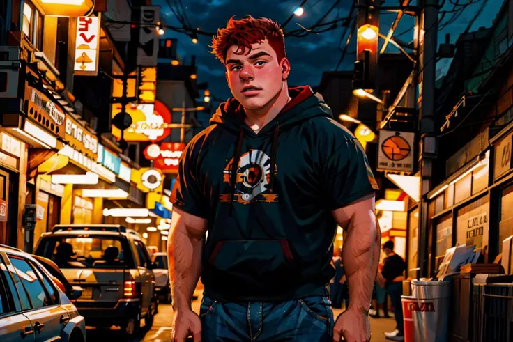 Wholesome Candid photo of a 20yo redneck bully dg_Dale boy, short dark red hair, photorealistic, hyperdetailed, <lora:dg_Dale_v1:0.8>, solo, streets, scared face, outdoors, nighttime, wearing a hoodie, pants, shirt, sharp focus, flashphoto, <lora:flashphoto:1>