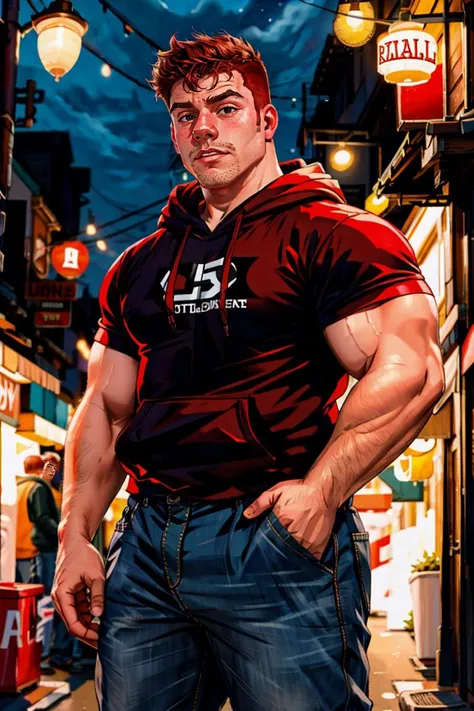 Wholesome Candid photo of a 20yo redneck bully dg_Dale boy, short dark red hair, photorealistic, hyperdetailed, <lora:dg_Dale_v1:0.8>, solo, streets, shaved face, outdoors, nighttime, wearing a hoodie, pants, shirt, sharp focus,