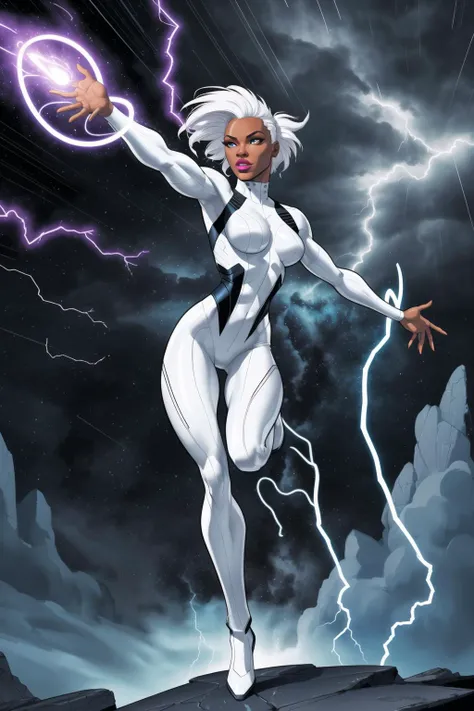 storm from xmen, african supermodel, flying in a stormy hurricane, (detailed face), in the sky, dynamic action pose, in a thunderstorm, (lighting on [hand:arms:0.4], hands outstretched, energy hands), white mohawk hair, (white skintight clothes), glowing white eyes, foreshortened, intricate background, linework, 90s comic book style, flat colors, detailed linework, full body