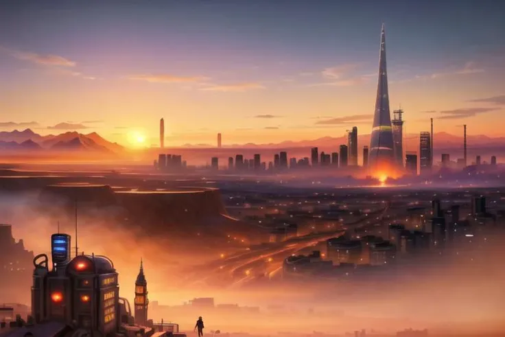 The world became a wasteland, technology was practically extinct and all human efforts were directed towards a single objective: making their cities survive. To do this, they need to move, becoming Traction Cities, to move away from radioactivity and diseases. London is a big city and is always looking for new cities to feed itself, as Municipal Darwinism dictates: metropolises consume smaller cities, which consume villages and so on.a mobile city machine on wheels, like Mortal Engines, philip reeve, a desert, devastated lands, red dust, smoke in the sky, red sun, sunset behind the city