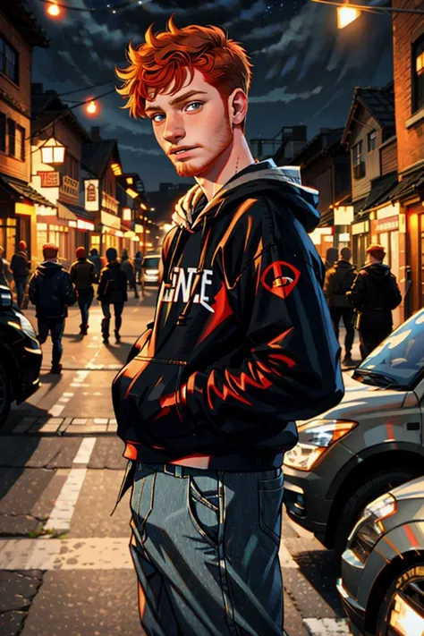 Wholesome Candid photo of a timid 18yo redneck dg_Finn boy, (ginger facial stubble:1.1), short dark red hair, photorealistic, hyperdetailed, <lora:dg_Finn_v1:0.8>, solo, streets, scared face, outdoors, nighttime, wearing a hoodie, pants, shirt, sharp focus, flashphoto, <lora:flashphoto:1>