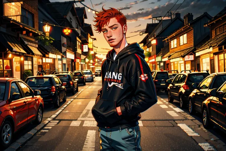 Wholesome Candid photo of a timid 18yo redneck slim dg_Finn boy, short dark red hair, (ginger facial stubble) photorealistic, hyperdetailed, <lora:dg_Finn_v1:0.8>, solo, streets, scared face, outdoors, nighttime, wearing a hoodie, pants, shirt, sharp focus, flashphoto, <lora:flashphoto:1>
