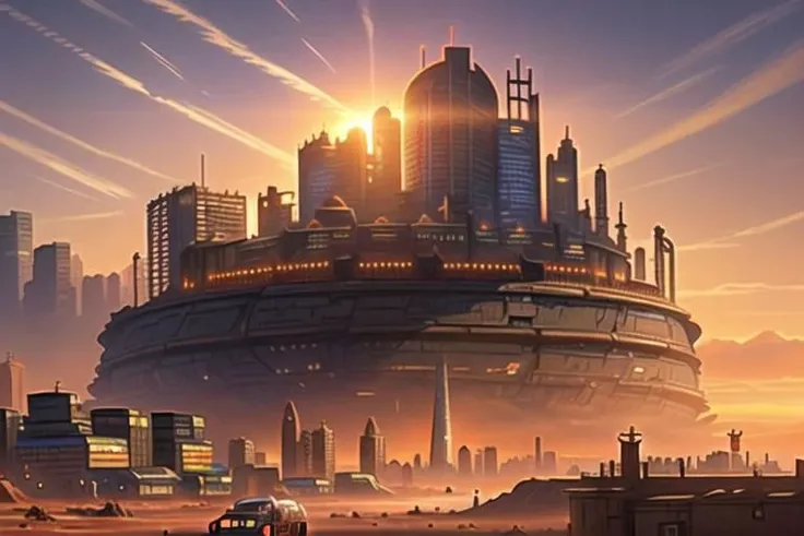 The world became a wasteland, technology was practically extinct and all human efforts were directed towards a single objective: making their cities survive. To do this, they need to move, becoming Traction Cities, to move away from radioactivity and diseases. London is a big city and is always looking for new cities to feed itself, as Municipal Darwinism dictates: metropolises consume smaller cities, which consume villages and so on.a mobile city machine on wheels, like Mortal Engines, philip reeve, a desert, devastated lands, red dust, smoke in the sky, red sun, sunset behind the city