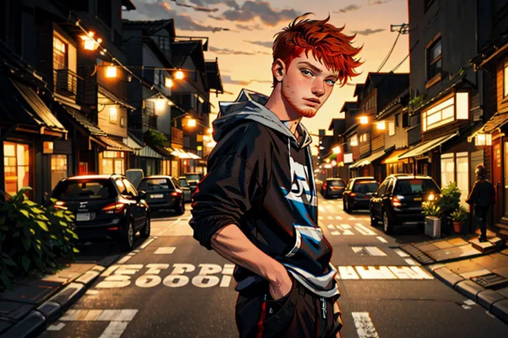 Wholesome Candid photo of a timid 18yo redneck slim dg_Finn boy, short dark red hair, (ginger facial stubble) photorealistic, hyperdetailed, <lora:dg_Finn_v1:0.8>, solo, streets, scared face, outdoors, nighttime, wearing a hoodie, pants, shirt, sharp focus, flashphoto, <lora:flashphoto:1>