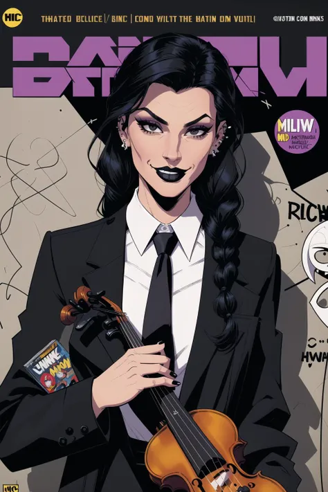 (comic book cover, title text, logos:1.3),masterpiece, upper body, necktie, (holding an upside down violin), black hair, braid, earrings, black necktie, jewellery, piercing, ear piercing, evil smirk, (biting lip,) sexy face, evil grin, collared shirt, shirt, black lips, buttoned coat, detailed hair, twin braids, detailed hair strand over eye, jacket, black nails, looking at viewer, long hair, black jacket, black eyes, makeup, white shirt, solo focus, holding instrument, in front of heavily graffiti wall, (comic book style, flat shading)