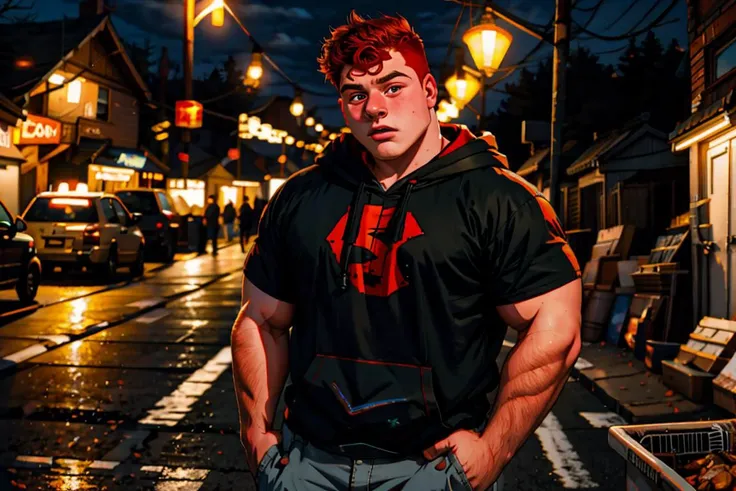 Wholesome Candid photo of a 20yo redneck bully dg_Dale boy, short dark red hair, photorealistic, hyperdetailed, <lora:dg_Dale_v1:0.8>, solo, streets, scared face, outdoors, nighttime, wearing a hoodie, pants, shirt, sharp focus, flashphoto, <lora:flashphoto:1>