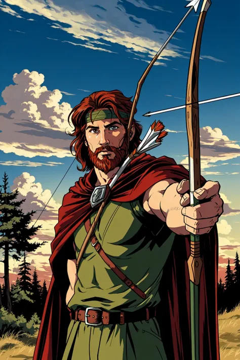 Tanis Half-Elven, solo, auburn hair, headband, 1boy, holding, weapon, male focus, outdoors, sky, cloud, cape, tree, beard, bow and arrow, quiver, aiming, holding arrow, <lora:Tanis_HalfElven:0.4>