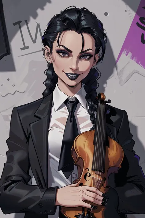 masterpiece, upper body, necktie, holding an upside down violin, black hair, braid, earrings, black necktie, jewellery, piercing, ear piercing, evil smirk, (biting lip,) sexy face, evil grin, collared shirt, shirt, black lips, buttoned coat, detailed hair, twin braids, hair strand over eye, jacket, black nails, looking at viewer, long hair, black jacket, black eyes, makeup, white shirt, solo focus, holding instrument, (comic book style, flat shading)