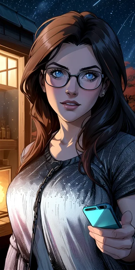 Clay Mann, woman, warm and sensual smile, cute, sitting, Jason Voorhees looming in the the background, table, cup, glasses, freckles, red hair, ponytail, curly hair, cabin, night, indoors, detailed, masterpiece, absurdres, best quality