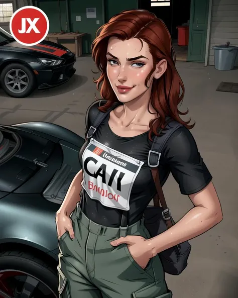 (extreme close up, detailed face), beautiful woman, dark red hair, pale skin, wearing loose [black:dark blue:0.5] baggy racing cargo pants full [jumpsuit|overalls], (baggy loose untucked tshirt), branded graphics clothes, from above, looking up, racing neck brace, oily sweaty grimy skin, smirk, lips parted, detailed wet hair, (racing harness), dirty, car mechanic, garage, ((high detailed skin, skin details)), detailed cloth folds, detailed cluttered busy small run down garage background, indoors, hand in pocket, 8k uhd, dslr, high quality, film grain, (intricate linework:1) outlines, professional comic book style, flat colors, (flat shaded:1)