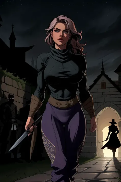flat colors, comic book style, cowboy shot of A woman with [dark red:pink platinum blonde:0.78] hair, [([Natasha Henstridge|Amber Heard|Charlize theron]:1):0.3] dressed as a (medieval ninja), (leaning against tall stone wall, hiding from view, observing background, sneaky pose:1.2), detailed face and hair, wearing detailed baggy loose cloth shinobi ninja attire and (baggy loose harem pants), detailed cloth folds, (huge tits, prominent cameltoe), (looking to the side:1.2), looking concerned and alert, covert operations, looking around corner, peeking, tension, detailed background of castle grounds, ((being followed by multiple silhouetted guards in the distance on ground), distant lights), dim lighting, poorly lit foreground, night time, mood lighting, high dynamic range, dynamic action shot, foreshortened perspective, skinny thin lean toned fitness supermodel body, intricate moulded ninja mask