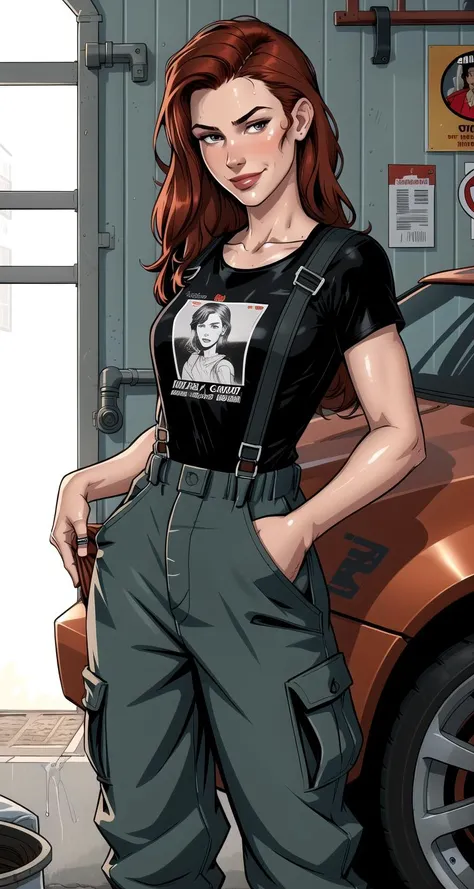 (detailed), beautiful woman, dark red hair, pale skin, wearing loose [black:dark blue:0.5] baggy racing cargo pants full [jumpsuit|overalls], (baggy loose untucked tshirt), branded graphics clothes, racing neck brace, oily sweaty grimy skin, smirk, lips parted, detailed wet hair, (racing harness), dirty, car mechanic, garage, ((high detailed skin, skin details)), detailed cloth folds, detailed cluttered busy small run down garage background, indoors, hand in pocket, 8k uhd, dslr, high quality, film grain, (intricate linework:1) outlines, professional comic book style, flat colors, (flat shaded:1)