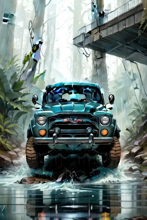 logo-icon-1952 GMC Suburban caryall-graphic-design-blue-color-forest-adventure-Rainy day, creek, tires splashing graphic-design-view-front-realistc-hig