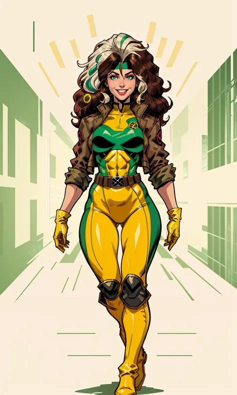 roguexm92, illustration, comic art, 1girl, x-men, big hair, two-tone hair, brown hair, white streaked hair, green sweatband, yellow and green bodysuit, short jacket, gloves, smile, wavy hair, dimple, large breasts, wide hips, muscular, loose belt, full body, yellow kneehigh boots, tactical suit, xmtas1992, trending on artstation, standing in front of mansion, flat colors, outline