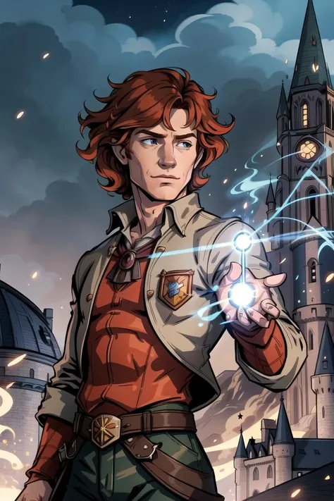 comic book style, flat shaded, flat colors cowboy shot of detailed face like Ron Weasley, man standing in the castle grounds, hogwarts background, extremely detailed face, magical aura around hands, magic wand, performing magic, detailed wavy hair, feeling confident, elated, serious, detailed busy cluttered background, magical energy particulate, multiple colored floating runes, pixie dust, bloom