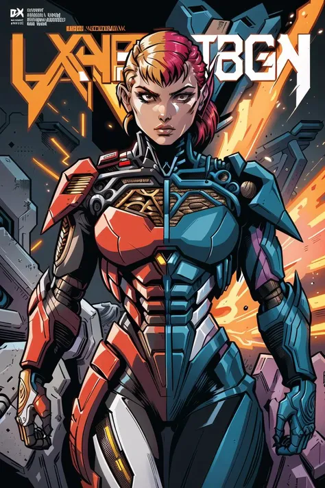 intricate flat shaded modern western comic book style cover art, middle split, [supermodel:woman:0.2] wearing full intricately detailed sleek plated mecha exoskeleton suit made of [red|yellow|white|blue] paint, [heavily weathered and scratched,:0.5] [pink punk side shaved hairstyle:0.3], micro detailing, detailed intricate linework, (behind bold english (text title)), logos, cover page