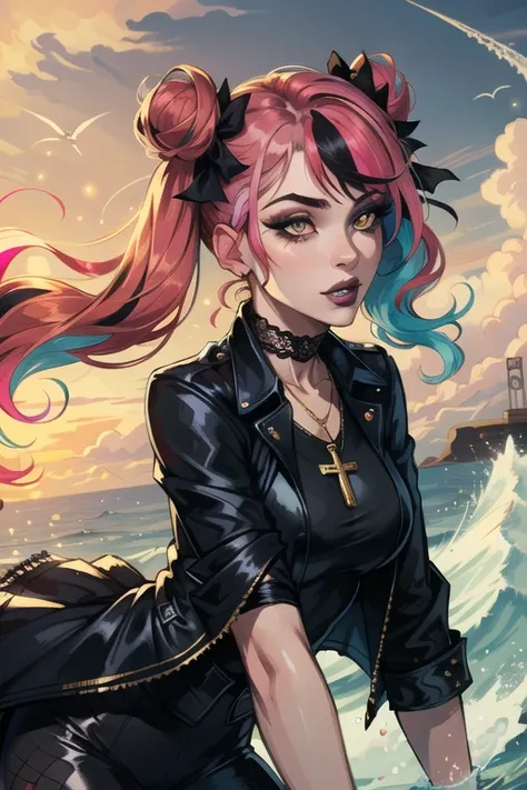 masterpiece, best quality, 1girl, solo, long hair, alternate costume, alternative hair, twin tails, hair buns, two tone hair, multicolored hair, pink hair, two colored hair, streaked hair, gold hair, gold eyes, bangs, makeup, black lipstick, mascara, eyeshadow, cross necklace, hair bow, front bow, lace jacket, lace gloves, fishnets, black leggings, gothic attire, dynamic angle, side lighting, shiny skin, detailed eyes, detailed face, water flowing, wind swept hair, glitter ,