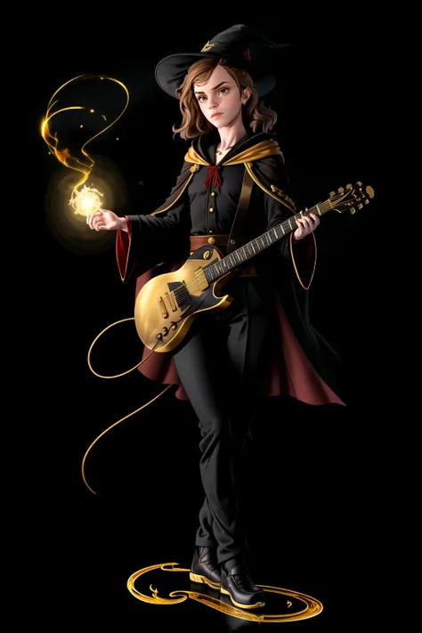 high details, comic book style, (flat shaded:1.2), flat colors witch shot of detailed face like (Emma Watson:1.55), woman standing in empowering pose, <lora:Instruments:0.3> (playing guitar:1.4), golden (acoustic guitar) on fire, (wide shot, wide-angle lens,Panoramic:1.2), (full body:1.3), (simple dark gray background:1.1), extremely detailed face, magical aura around hands, gryffindor student, (long black red and gold magician robes:1.3), black trousers, hogwarts clothes, black school robes, black witch hat with gryffindor emblem, (red) and (gold:0.9) scarf, long dress, fire magic effect around guitar, (swirly fire magic:0.6), detailed wavy hair, tiny magical energy particulate dust <lora:more_details:0.2>, (walking towards camera, one foot in front:1.05)