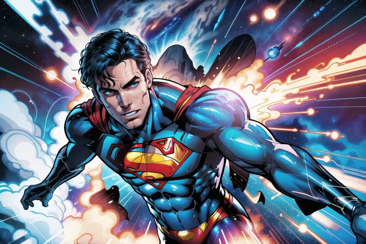 Superman, blue eyes, detailed face, flying towards camera, speed lines, dynamic action shot, outer space, planet background, detailed background clutter, professional comic book style, prominent outline linework