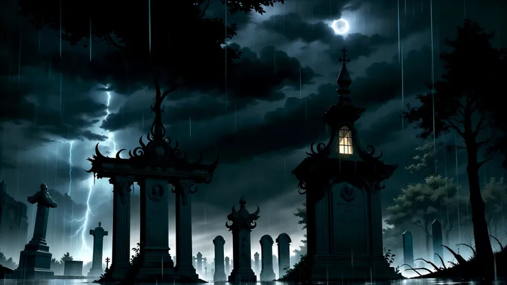 sharp focus, concept art, masterpiece, best quality, hires, intricate details, stylized, castlevania BREAK
(dark, moon rays, middle of the night), (thunderstorm, lighting with (((heavy (rain))))), weathered ((damaged) (cemetery)), clutter, debris, bones, skulls, ((14th century) (castle) in the background) is ((stillwater), trending on pixiv, volumetric lighting