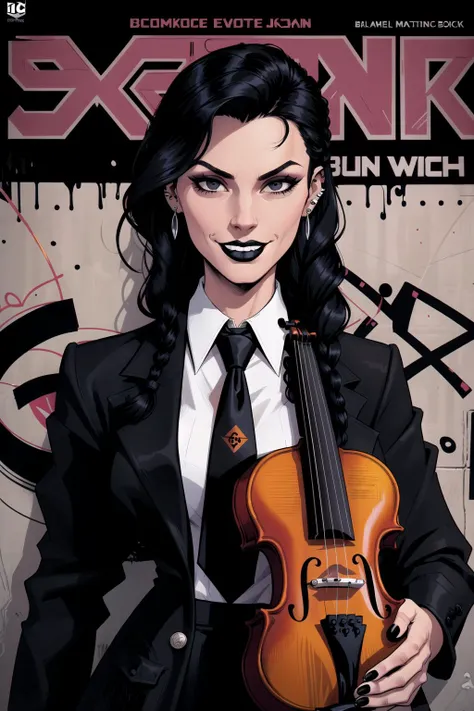 (comic book cover, title text, logos:1.3),masterpiece, upper body, necktie, (holding an upside down violin), black hair, braid, earrings, black necktie, jewellery, piercing, ear piercing, evil smirk, (biting lip,) sexy face, evil grin, collared shirt, shirt, black lips, buttoned coat, detailed hair, twin braids, detailed hair strand over eye, jacket, black nails, looking at viewer, long hair, black jacket, black eyes, makeup, white shirt, solo focus, holding instrument, in front of heavily graffiti wall, (comic book style, flat shading)