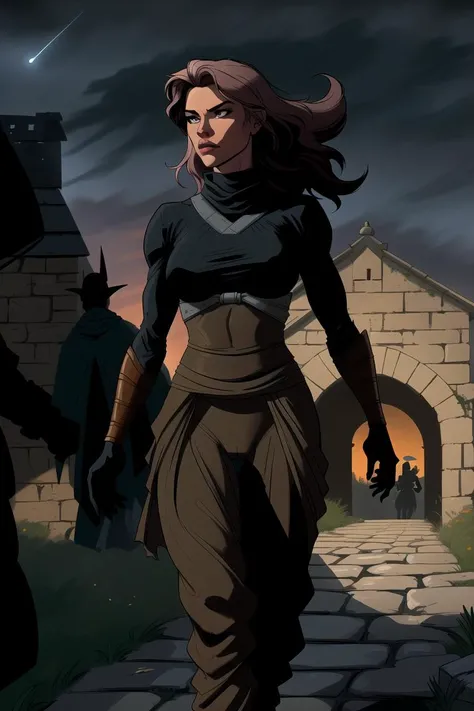flat colors, comic book style, cowboy shot of A woman with [dark red:pink platinum blonde:0.78] hair, [([Natasha Henstridge|Amber Heard|Charlize theron]:1):0.3] dressed as a (medieval ninja), (leaning against tall stone wall, hiding from view, observing background, sneaky pose:1.2), detailed face and hair, wearing detailed baggy loose cloth shinobi ninja attire and (baggy loose harem pants), detailed cloth folds, (huge tits, prominent cameltoe), (looking to the side:1.2), looking concerned and alert, covert operations, looking around corner, peeking, tension, detailed background of castle grounds, ((being followed by multiple silhouetted guards in the distance on ground), distant lights), dim lighting, poorly lit foreground, night time, mood lighting, high dynamic range, dynamic action shot, foreshortened perspective, skinny thin lean toned fitness supermodel body, intricately moulded ninja mask