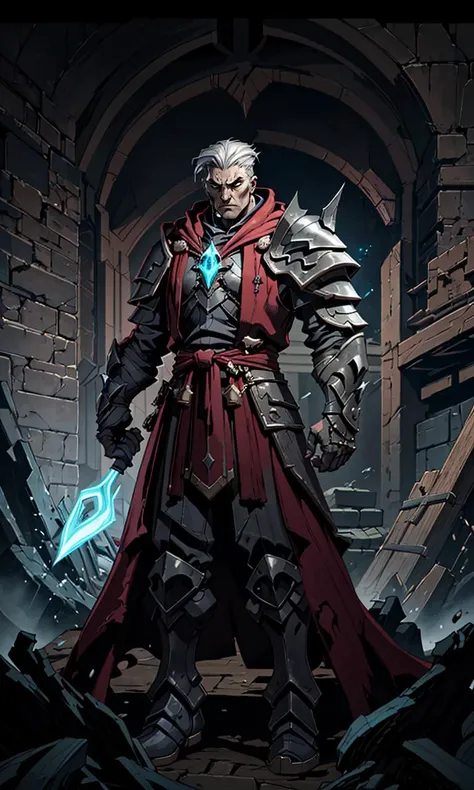 JoeMAD2023, dark wizard, male focus, otherworldly, 8k, uhd, best quality, cartoon, cool armor, trending on artstation, robe, necromancer
