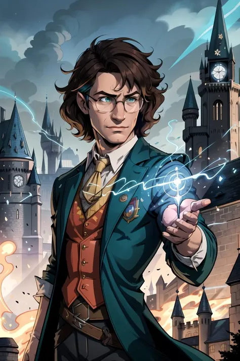 comic book style, flat shaded, flat colors cowboy shot of detailed face like Harry Potter with glasses, man standing in the castle grounds, hogwarts background, extremely detailed face, magical aura around hands, magic wand, performing magic, detailed messy hair, feeling confident, elated, serious, detailed busy cluttered background, magical energy particulate, multiple colored floating runes, pixie dust, bloom, green eyes