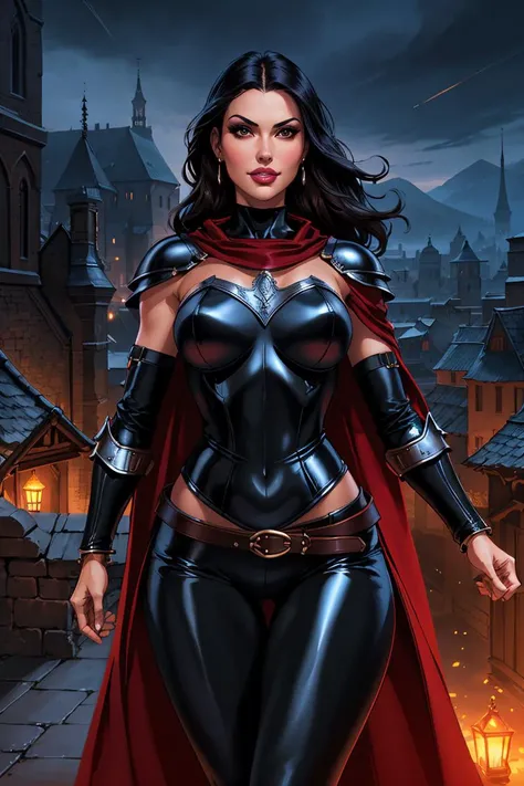 Masterfully detailed extremely realistic digital art of beautiful caucasian woman, manacing woman action pose, sexy smile, fair skin, beautiful face, dark brown eyes, eyelashes, makeup, pouty lips, straight long black hair, breasts, slim waist, wide hips, slender body, skindentation, glossy skin, leather armor outfit, black, cowl & cape, crimson, belts, straps, bracers, pants, earrings, background dark gothic medieval city at night, rooftops, shadows,