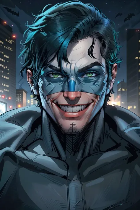 extreme close up, detailed face, dc comics [dick grayson nightwing|joker], wearing batman cowl, short [black|green] hair, [blue:green:0.75] eyes, [smiling|laughing maniacally] intricate linework, professional modern comic book style, prominent outlines