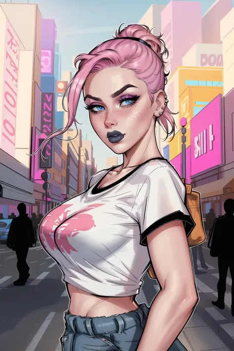 Close up of an adult supermodel woman face, at a busy cluttered city street background, daytime, pale blue eyes, detailed short pink hair with pigtails and shaved sides haircut, freckles, blushing, pouting expression, single eyebrow raised, eye shadow, black lipstick, pierced eyebrow, big tits, wearing a loose baggy tshirt crop top, looking to the side, comic book style, flat shaded, prominent comic book outline linework