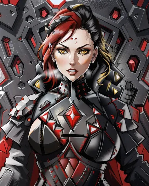 dxhr style <lora:dxhr_v2:1>, mid shot of black widow, detailed face, red hair, costume with faceted sierpinski triangular fractal pattern yellow accents, padded faceted armor, intricate illustration