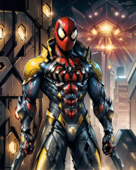 dxhr style <lora:dxhr_v2:0.8>, mid shot of spiderman, male costume with faceted triangular fractal pattern yellow accents, sleek scifi armor