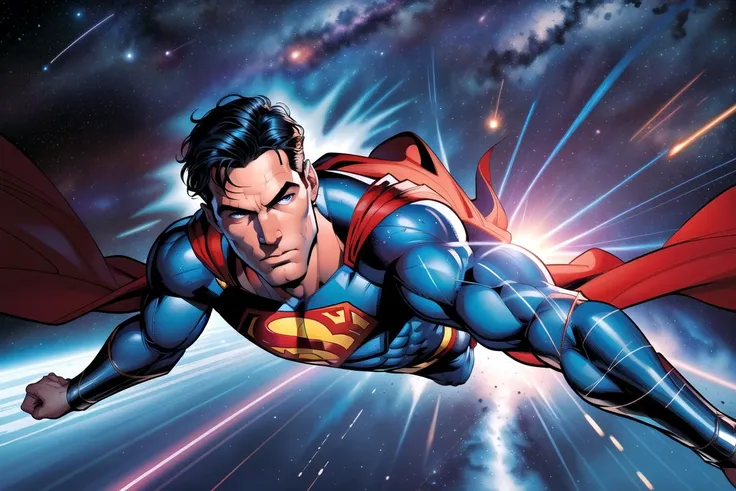 Superman, blue eyes, detailed face, flying towards camera, speed lines, dynamic action shot, outer space, planet background, detailed background clutter, foreshortened, hands, professional comic book style, prominent outline linework