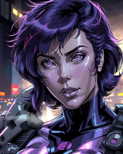 motoko kusanagi, masterpiece, best quality, detailed face close up, glow eyes, cyber face, (daytime, outdoors, harsh lighting), western comic book style, detailed intricate linework