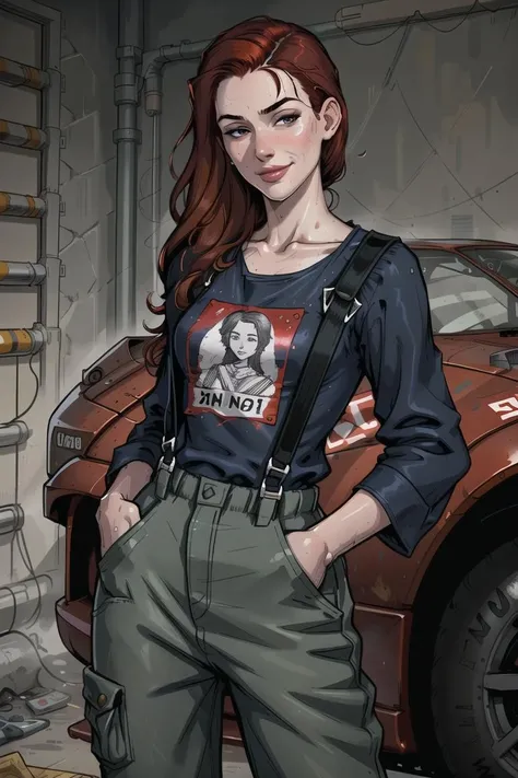 (detailed), beautiful woman, dark red hair, pale skin, wearing loose [black:dark blue:0.5] baggy racing pants full [jumpsuit|overalls], (baggy loose untucked tshirt), branded graphics clothes, neck brace, oily sweaty grimy skin, smirk, lips parted, detailed wet hair, (racing harness), dirty, car mechanic, garage, ((high detailed skin, skin details)), detailed cloth folds, detailed cluttered busy background, hand in pocket, 8k uhd, dslr, high quality, film grain, (intricate linework:1) outlines, professional comic book style, (flat shaded:1)